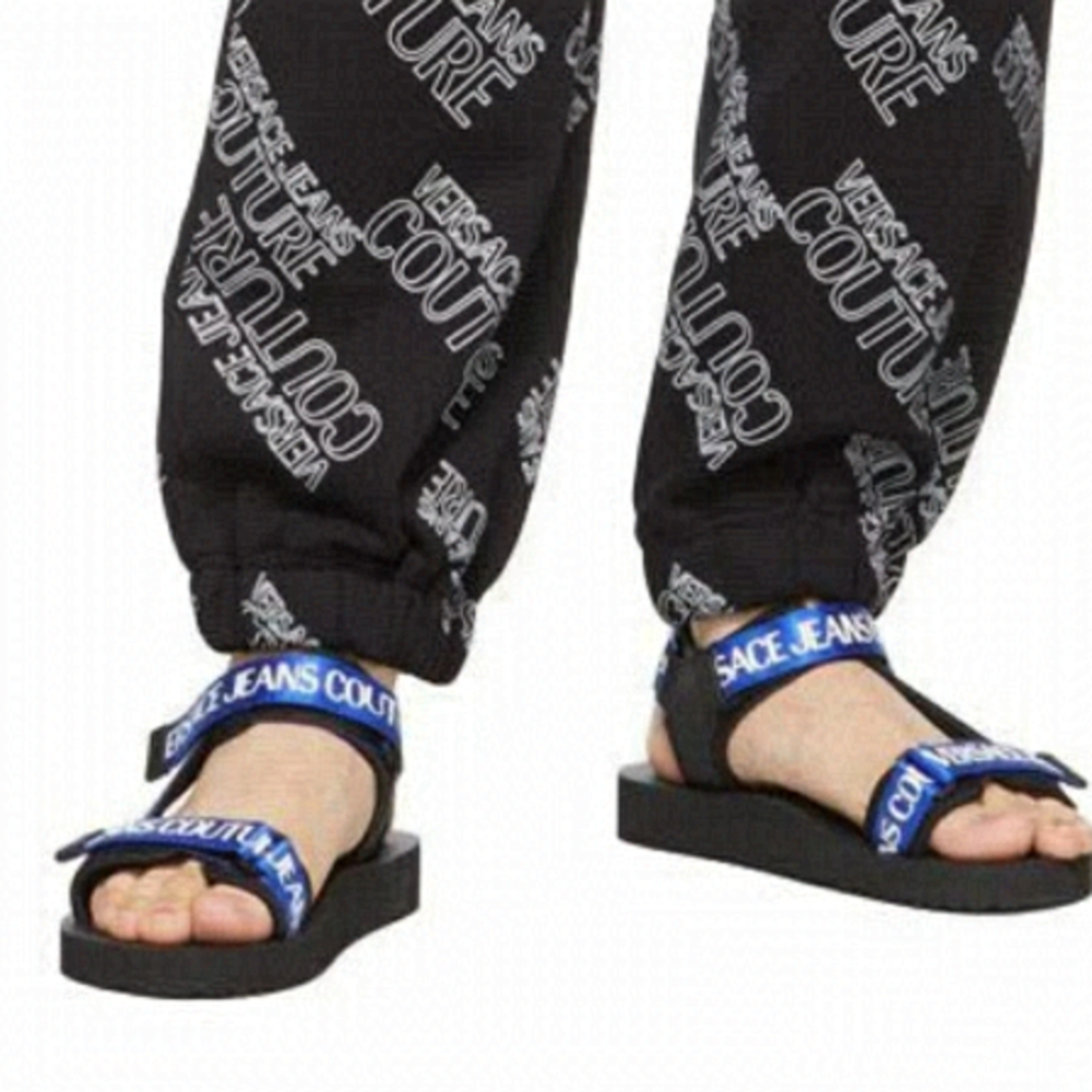 VERSACE BLUE AND BLACK LOGO SANDALS